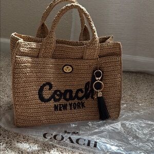 Coach Tan Woven Tote with Black Accents